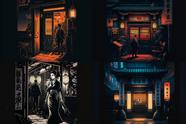 Japanese block print depicting imposing doorway to futuristic bar where you experience other people's memories. cinematic lighting, cyberpunk, moody, dark --v 4 --ar 3:2